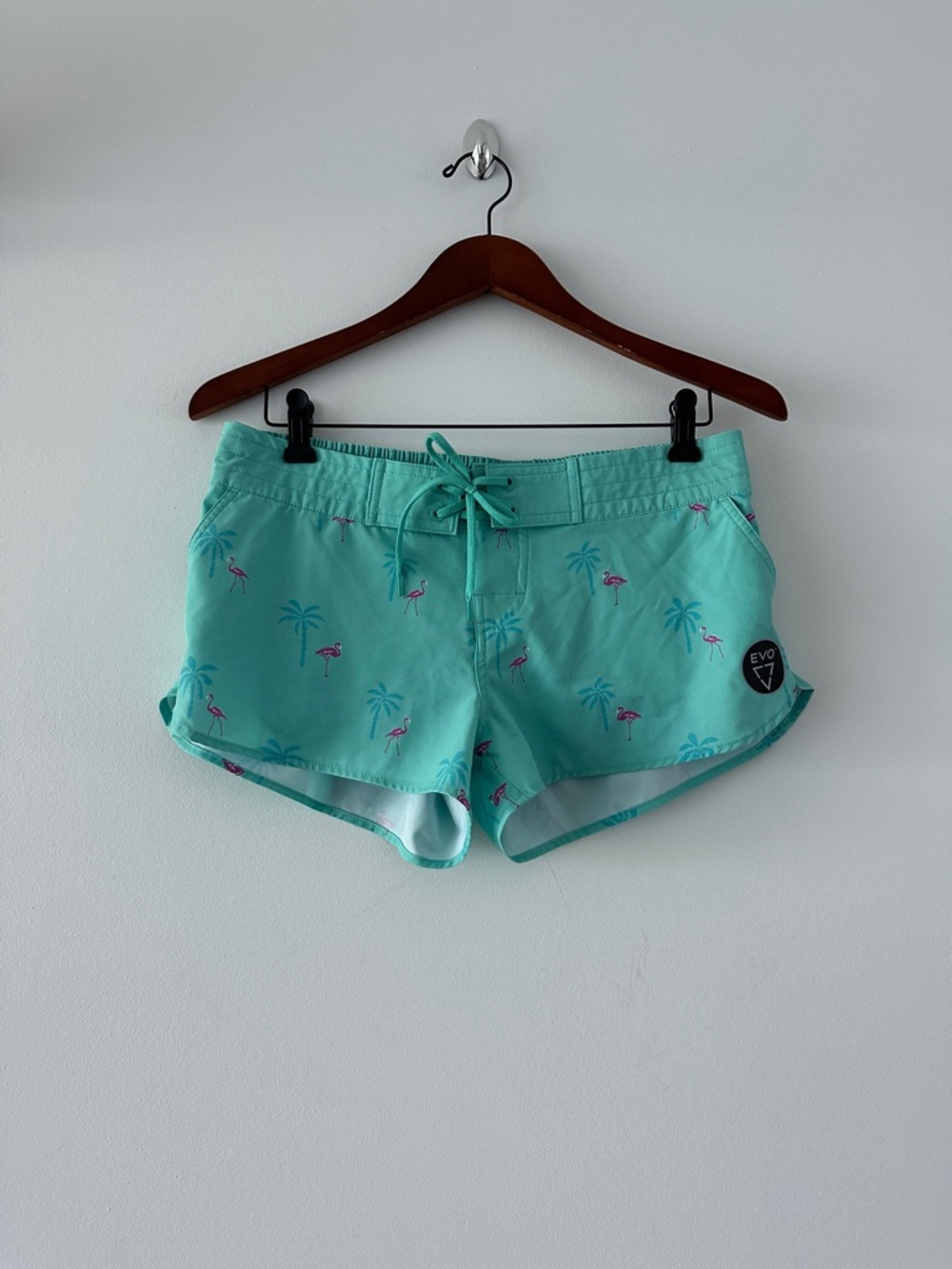 Evo Women's Mint Flamingo Print Swim Shorts with Pockets